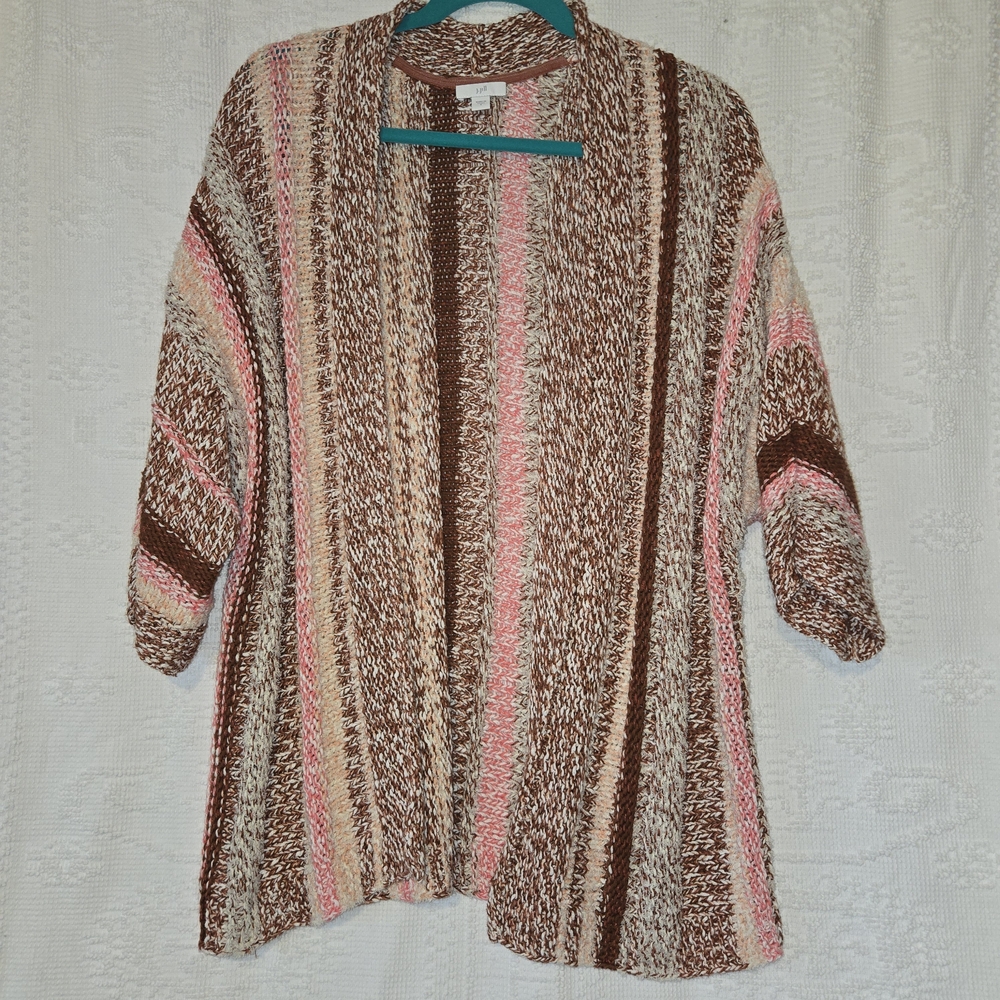 J. Jill Open-Front Striped Cardigan in‎ Brown, Pink & Cream